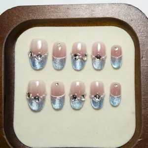 Handmade Nguyên Chất Tay Nhấp Nháy Mắt Mèo Pháp Màu Xanh Làm Móng Tay Tính Khí Cao Cấp Có Thể Tháo Rời Làm Trắng Miếng Dán Móng Tay