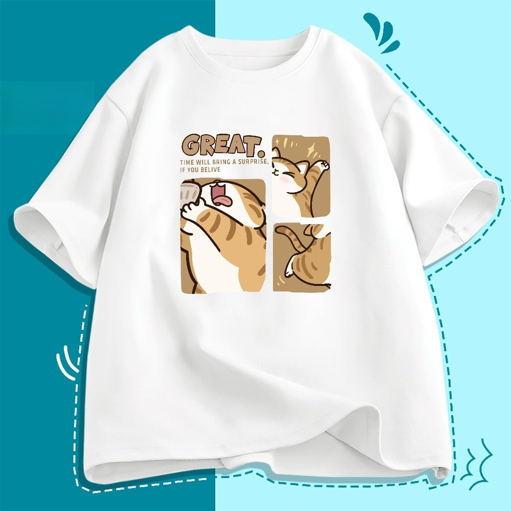 （Giao hàng 24h）Angela Áo thun Boxy form rộng Nam Nữ Unisex Họa tiết mèo hoạt hình dễ thương áo thun xịn 100% cotton