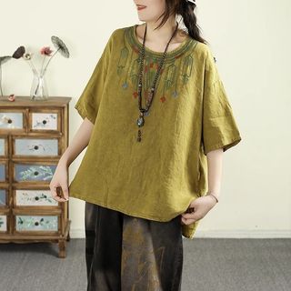 Váy Áo Retro Thêu, Vải Lanh Cotton, Cổ Tròn, Half Sleeve - Nữ
