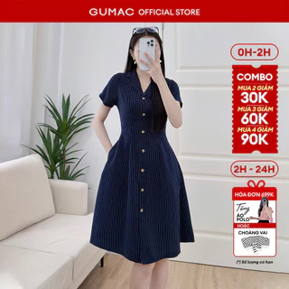 Đầm nữ GUMAC form A sọc xanh cổ danton tay ngắn đính nút giả trang trí  LDF0615