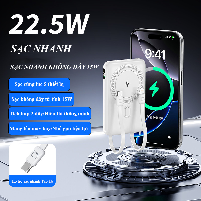 Sạc Dự Phòng Không Dây 10000mAh Tích Hợp 2 Dây Sạc Nhanh Nam Châm Hít Chắc Tiện Lợi Cho Táo/Android