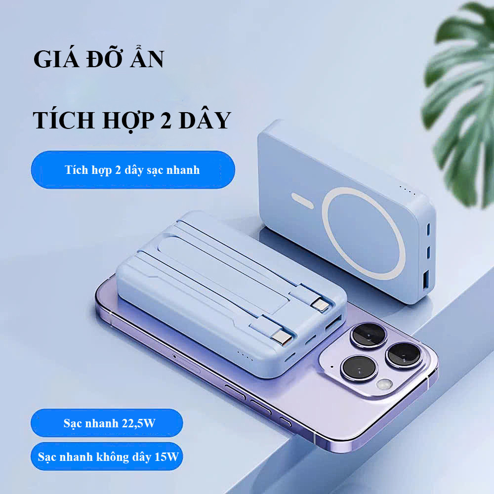Sạc Dự Phòng Không Dây 10000mAh Tích Hợp 2 Dây Sạc Nhanh Nam Châm Hít Chắc Tiện Lợi Cho Táo/Android | BigBuy360 - bigbuy360.vn