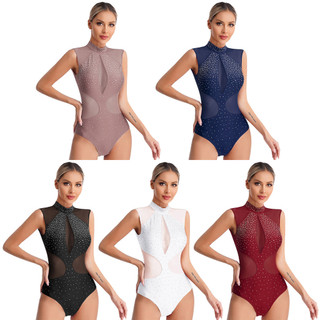 Yhong Nữ Lấp Lánh Kim Cương Giả Hình Trượt Băng Leotard Sheer Lưới Chắp Vá Không Tay Cutout Sau Body Cho Thể Dục Vũ Diễn