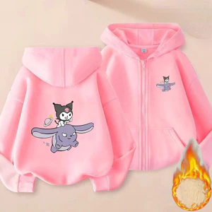 Trẻ em Kuromi Hoạt Hình Zip Áo Khoác Cozy Lông Cừu Có Mũ Trùm Đầu Dễ Thương Hàng Ngày Áo Khoác Ngoài