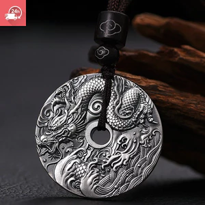 Retro khí chất bạc khóa an toàn mặt dây chuyền thương hiệu rồng phong cách dân tộc cá tính đa năng cho vòng cổ nam và nữ