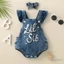 Trang phục mùa hè cho bé gái Áo liền quần Denim in chữ có băng đô Quần áo trẻ sơ sinh