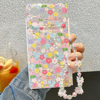 Ốp điện thoại Acrylic vuông chuỗi hoa đầy màu sắc lấp lánh cho iPhone 17 Pro Max 16 15 Pro Max Vỏ bảo vệ chống sốc
