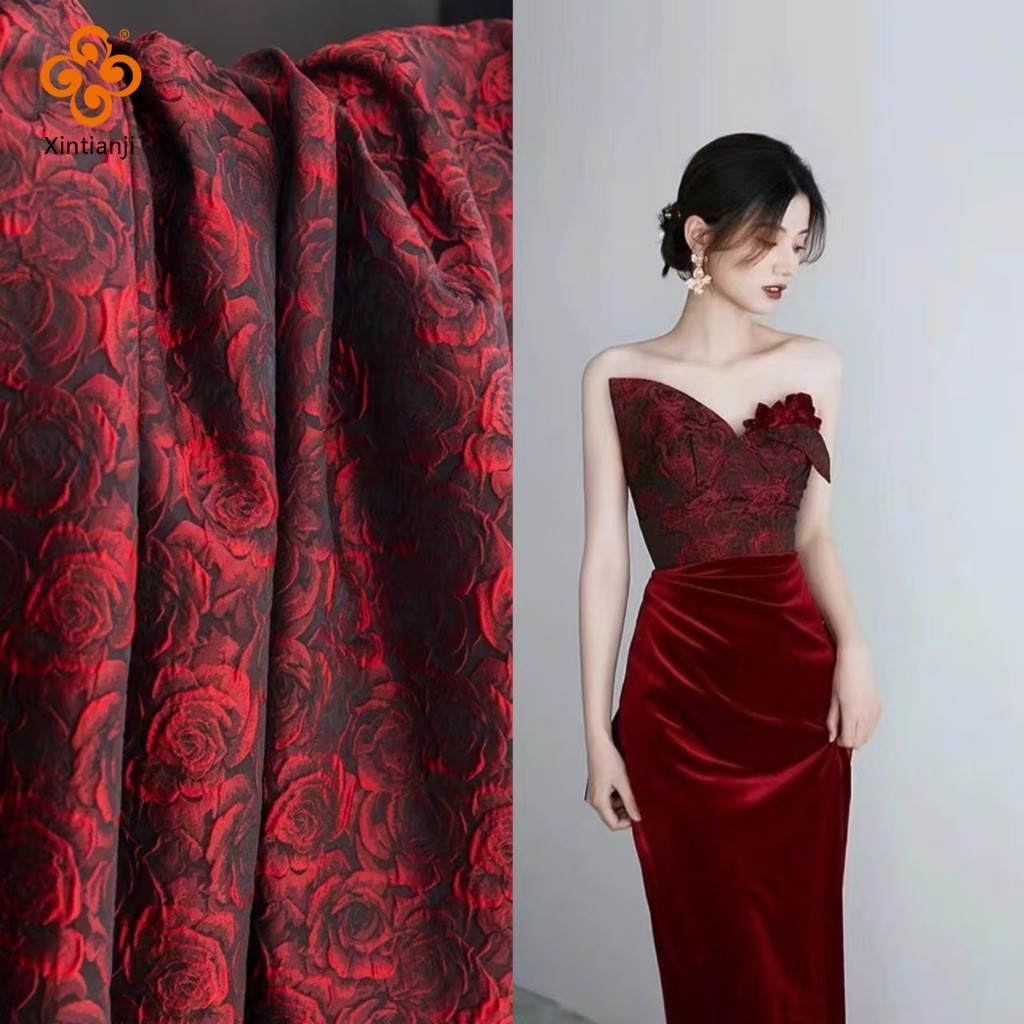 Vải Jacquard Đỏ Đậm Hoa Hồng Đen Sợi Nhuộm Nổi Vải 50x150cm Hàng Có Sẵn Cho Đầm Phù Hợp Với Túi DIY May TJ7517