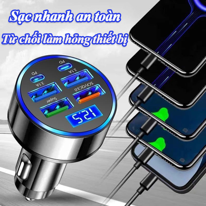 Tẩu Sạc Ô Tô Nhanh PD QC3.0,Tẩu Sạc Nhanh 6 Cổng USB C đa Năng,Màn hình kỹ thuật số LED,Cho Iphone Android Điện Thoại