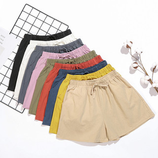 Quần short vải lanh màu trơn dành cho nữ có túi và dây rút 0513
