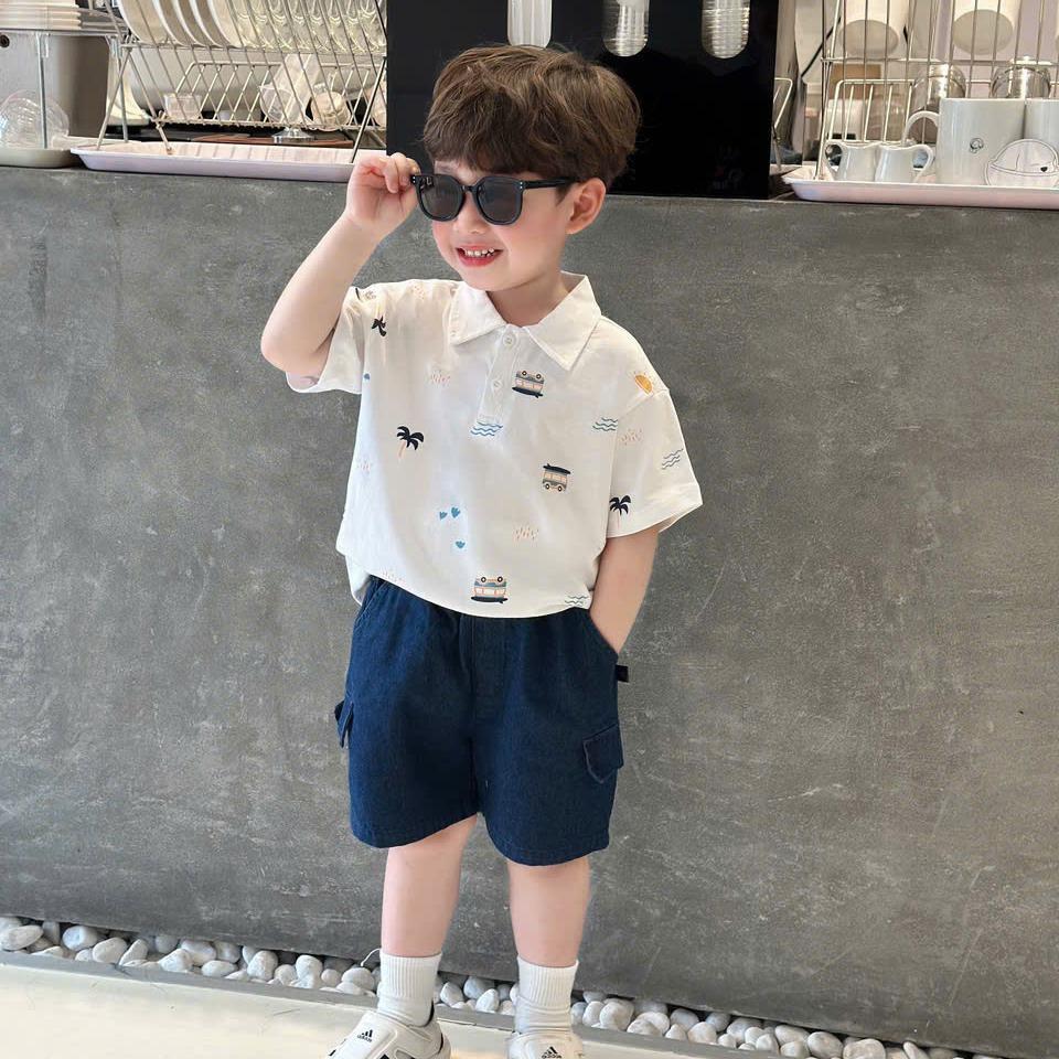 Bộ quần áo polo in Ô tô quần giả bò  cho bé trai, cotton mềm mát, thiết kế nam tính