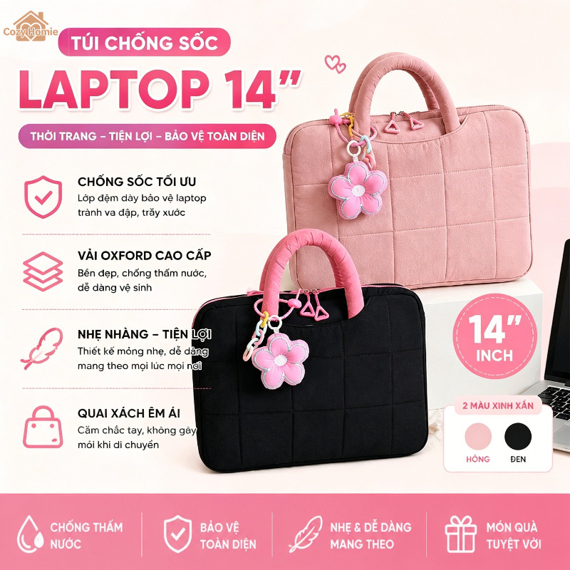 Túi đựng laptop/máy tính bảng, thời trang và tiện dụng, lớp lót chống sốc chần bông, nhiều ngăn.