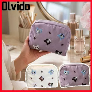 Túi đựng mỹ phẩm OLVIDO, Túi trang điểm Nylon thêu, Hộp đựng son môi đa chức năng dung tích lớn