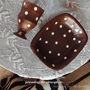 Hoa Hồng Nhà Handmade Thời Trung Cổ Lò Quay Gốm Chấm Bi Đĩa Đôi Tai Bát Cơm Cốc Cà Phê Đĩa Trái Cây Bát Salad Đĩa Rau Đĩa