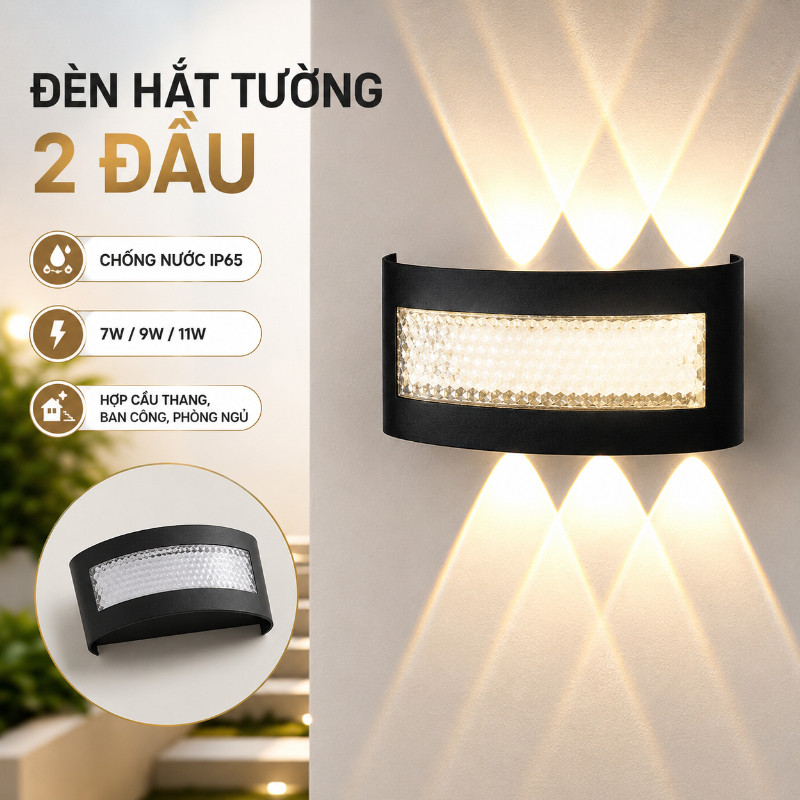 Đèn Trang Trí Hắt Tường 2 Đầu,Chống Nước IP65, Công Suất 7W-9W-11W, Phù Hợp Cầu Thang, Ban Công, Phòng Ngủ