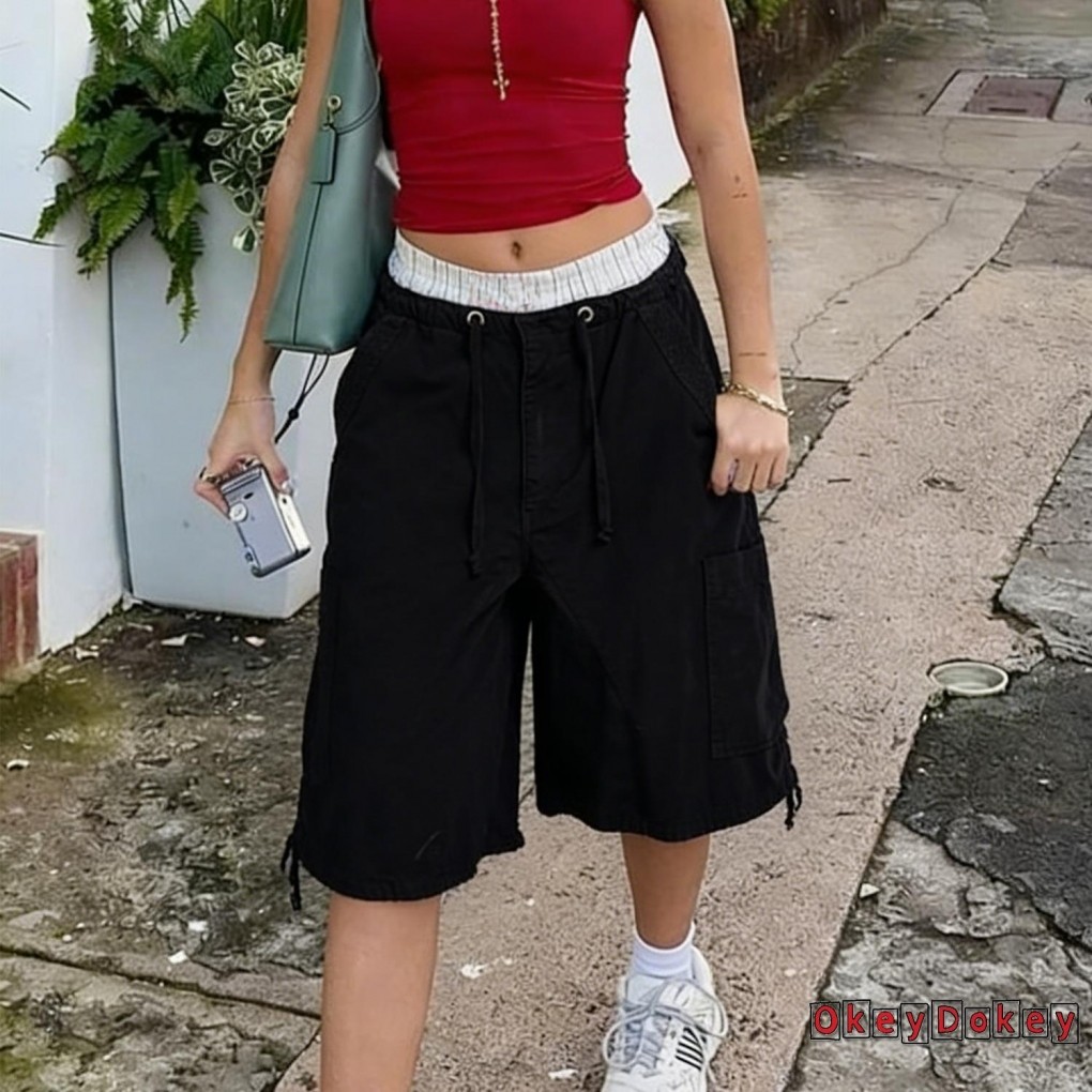 [OKDK] Quần Short Denim Thời Trang Nữ Màu Trơn Sáu Túi Dây Rút Thắt Lưng Co Giãn Quần Jean Quần Short Hàng Hóa Quá Khổ Mùa Hè