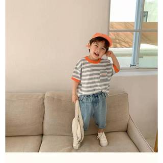 Trẻ Em Slub Cotton Thoải Mái Thoáng Khí Sọc Ngắn Tay Bé Trai Màu Sắc Tương Phản Nửa Tay Top Mùa Hè Bé Gái Đáy Áo Sơ Mi