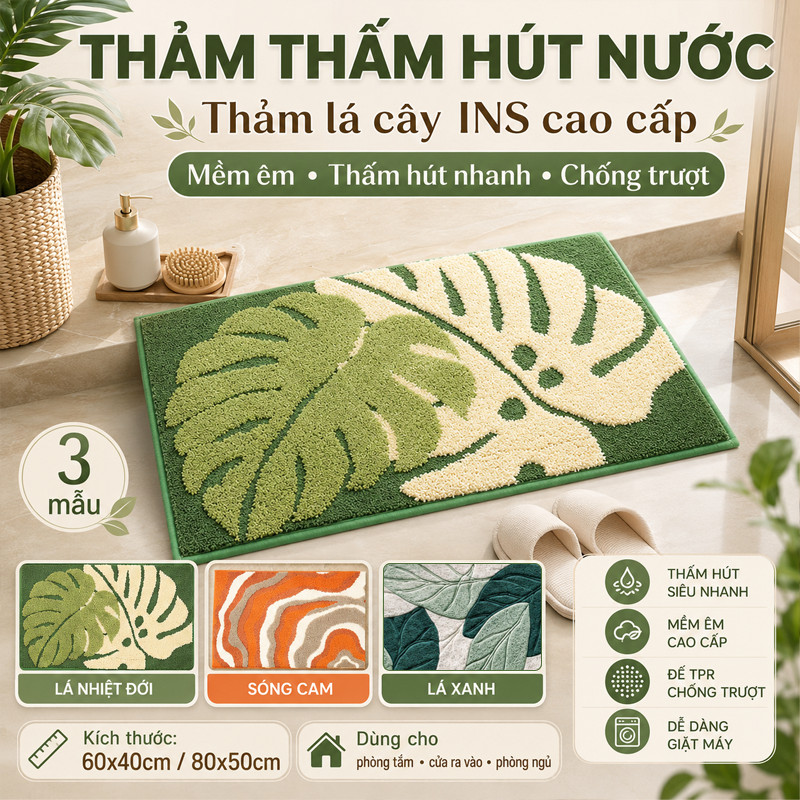 Thảm Lau Chân Len Lông Dày, Đế Cao Su Chống Trượt, Thấm Nước Tốt – Dùng Làm Thảm Nhà Tắm, Thảm Cửa, Thảm Chân Giường