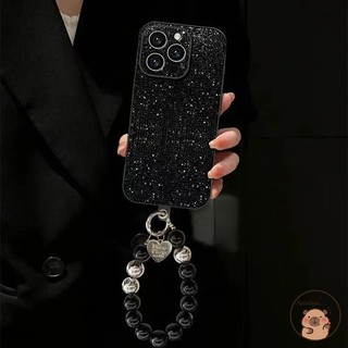 Tương thích cho iPhone 17 Air 16E 16 15 14 Plus 13 12 11 Pro Max Ốp điện thoại có dây đeo hạt màu đen Bạc lấp lánh sáng bóng Vỏ sang trọng