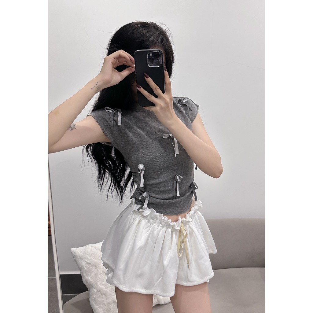 Áo thun nữ cổ tròn đính nơ tay hến phong cách Hàn Quốc chất thun co dãn ôm body
