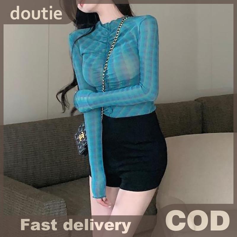 Doutie Áo Thun Cổ Tròn Tay Dài Thu Đông, Chất Liệu Lưới RetroSlim Fit