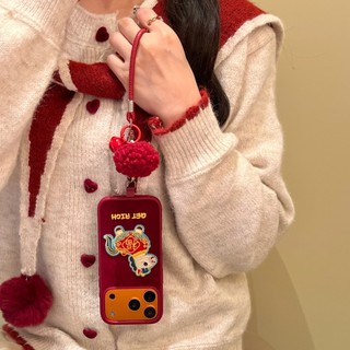 Năm Mới Màu Đỏ Sang Trọng Thêu May Mắn Ngựa Flannel Vải Bóng Wrsit Dây Da Vỏ Điện Thoại Cho iPhone 17Promax 14 15 16 Pro Max 13 Nam Nữ Vỏ Di Động