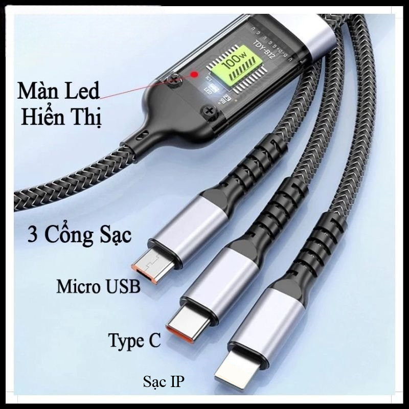 Dây cáp sạc siêu nhanh 3 đầu 100W  Micro USB Type C 3 trong 1 dây cáp dữ liệu