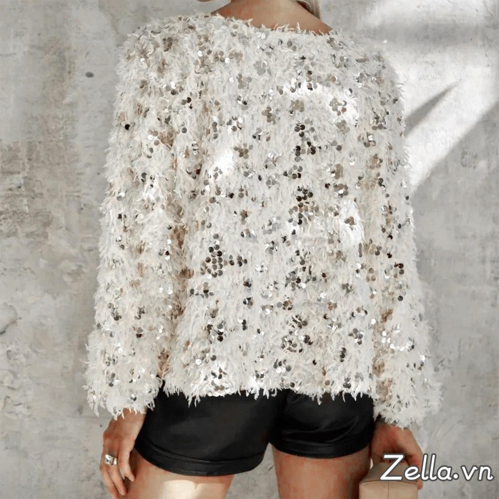 Áo len nữ sequin cổ tròn dài tay với chi tiết lông tua rua, phù hợp mùa đông và thu