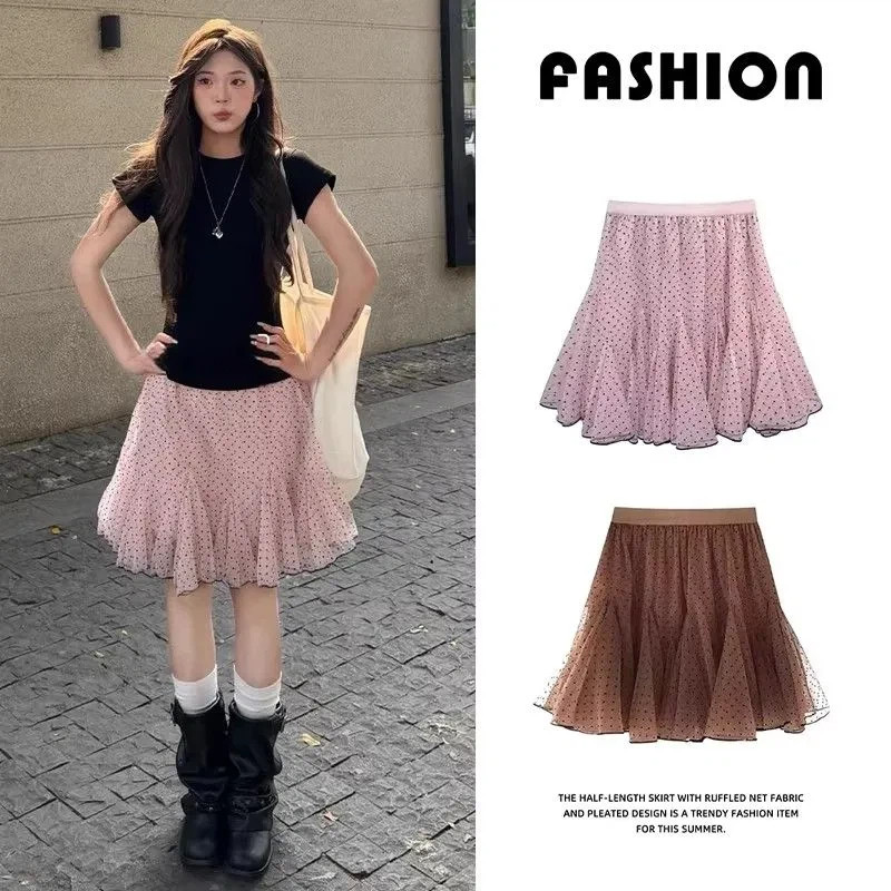 Váy Nữ Màu Hồng Chấm Bi Mới Cao Cấp Slim Chữ A Lưới Puffy Bánh