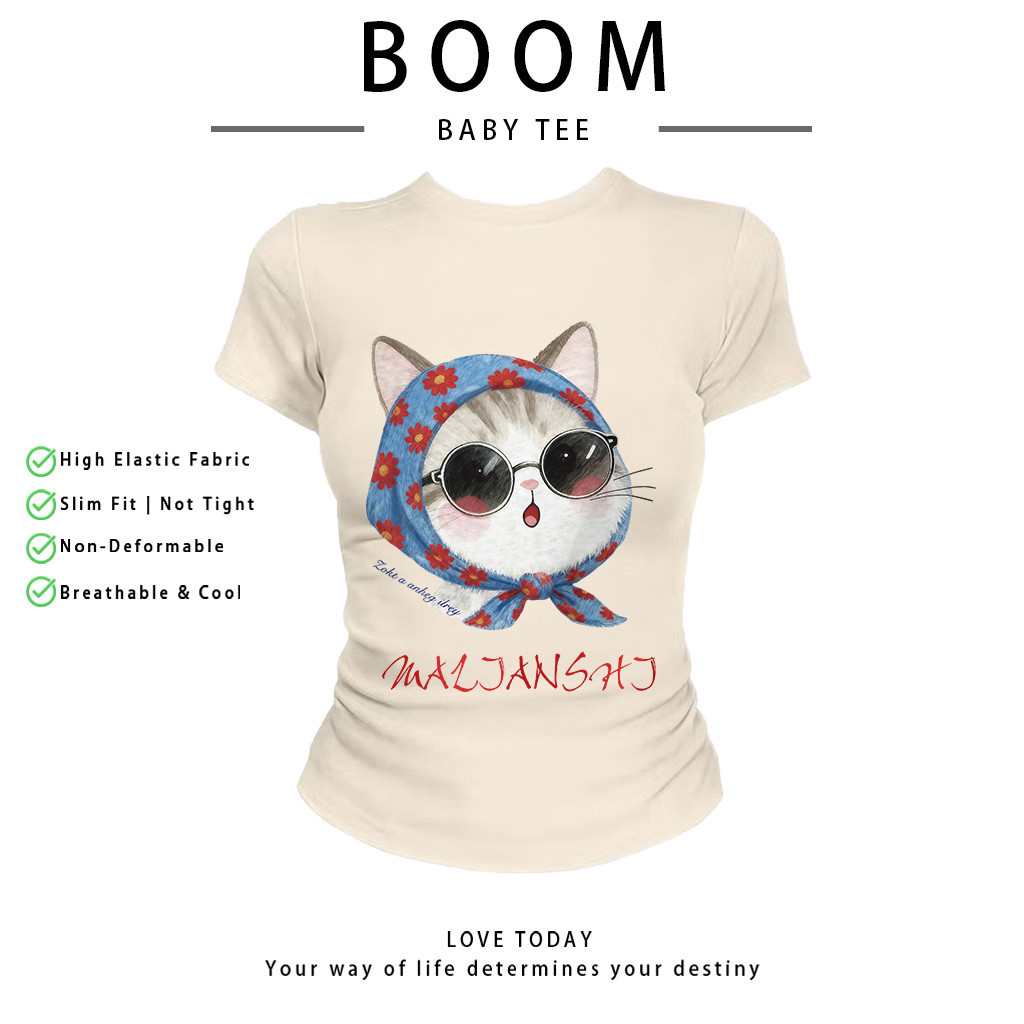 BOOM Áo Baby Tee Nữ Cotton Ôm Body-Áo Thun Ngắn Tay Y2K In Hình PhongCách Mùa Hè, Cổ Tròn Hàng Đầucách hàn quốc phongC37