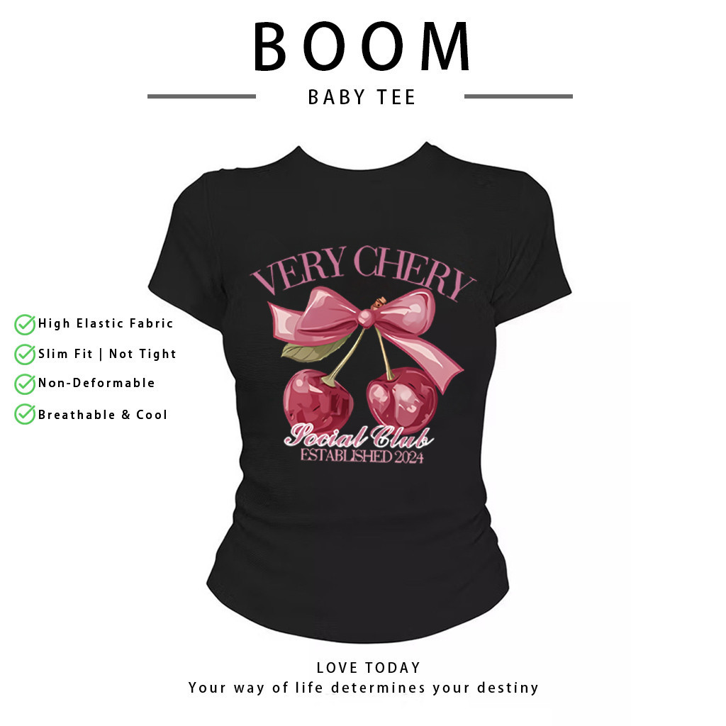 BOOM Áo Baby Tee Nữ Cotton Ôm Body-Áo Thun Ngắn Tay Y2K In Hình PhongCách Mùa Hè, Cổ Tròn Hàng Đầucách hàn quốc phongC39