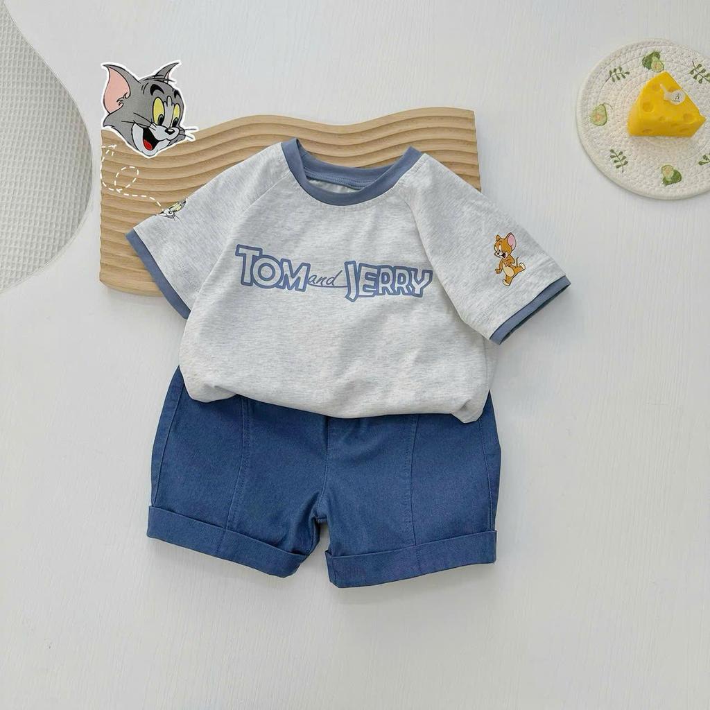 Bộ quần áo cộc tay in chữ TOM & JERY CHO BÉ TRAI, áo chất COTTON, quần bò mềm thoải mái cho bé
