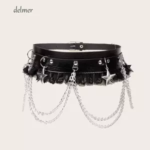 DELMER Dark Chain Punk Belt, Dây thắt lưng da đa năng, Tua Rua thời trang ren chắp vá với thắt lưng váy ngôi sao nữ