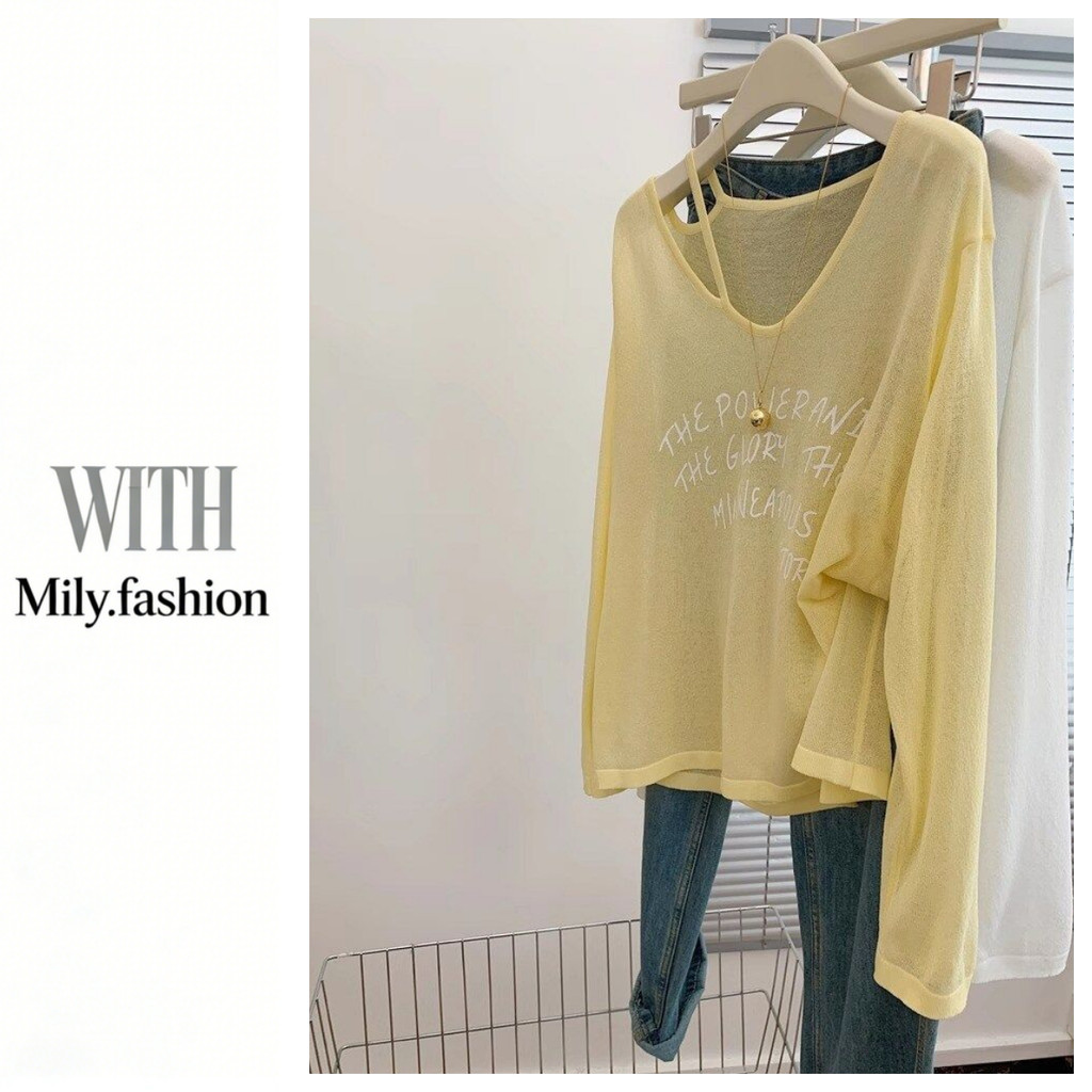 Milyfashion Island Kỳ nghỉ giải trí Kem chống nắng dài tay mỏng t Off-Shoulder Hơi trong suốt Dopamine Top