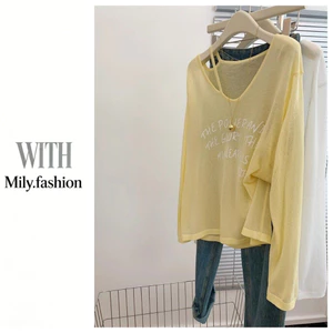 Milyfashion Island Kỳ nghỉ giải trí Kem chống nắng dài tay mỏng t Off-Shoulder Hơi trong suốt Dopamine Top
