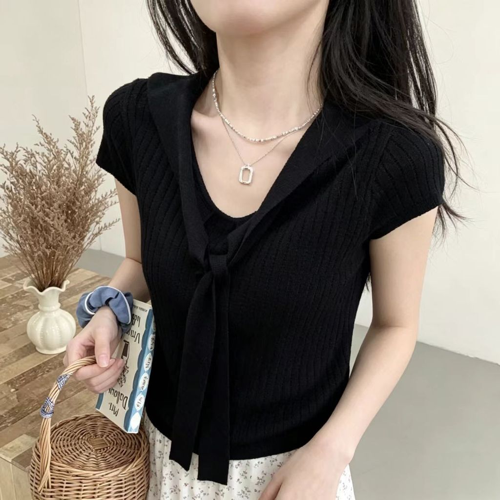 SUXI Áo thun dệt kim ngắn tay màu trơn nhẹ nhàng dành cho nữ mùa hè mới 260514