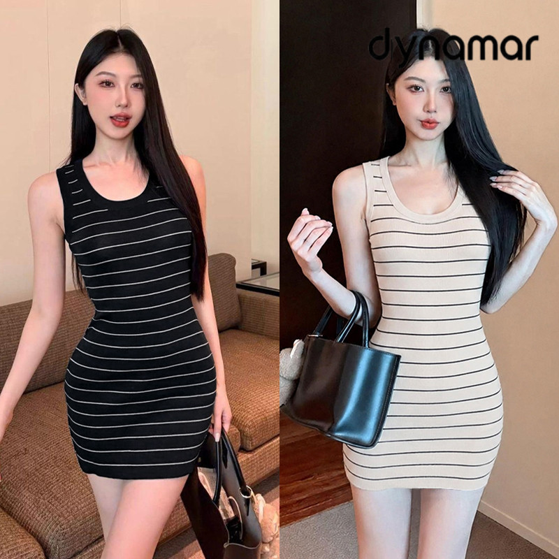 【dynamar】Đầm dệt kim kẻ sọc tương phản dành cho nữ, kiểu dáng thời trang, không tay, cổ chữ U, dáng ôm