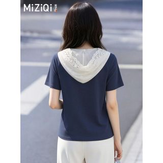 [MIZIQI] Áo thun ngắn tay có mũ trùm đầu bằng Cotton nguyên chất dành cho nữ, Áo hai mảnh thêu ren mùa hè