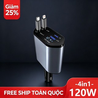 🔥 Tẩu Sạc Ô Tô 120W 4in1 Cao Cấp Dây Rút Tự Động Thu Gọn Sạc Nhanh Đa Năng Type-C Lightning Cho iPhone Samsung Xiaomi Bảo Hành 12 Tháng