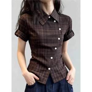 Áo sơ mi cổ Polo kẻ sọc mỏng vừa vặn phong cách Hàn Quốc VN, Phong cách mới mùa hè, Áo ngắn tay có nút siêu thời trang, Thanh lịch phù hợp, Thích hợp cho nữ.