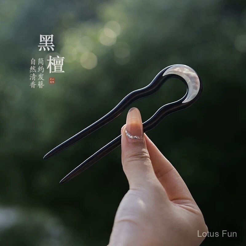 {Lưỡi liềm Cong} Vỏ Bướm Tự Nhiên Gỗ Đàn Hương Mặt Trăng Kẹp Tóc Hình Chữ U Độc Đáo Đơn Giản Mới Cổ Điển Trung Quốc Hanfu Pan Hair Bun Phụ Kiện Tóc