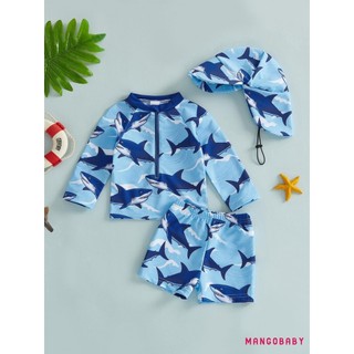 MG-Toddler Baby Boy Rash Guard Đồ bơi 3 chiếc Bộ in hình Zip Up Đồ bơi dài tay Áo quần short và mũ