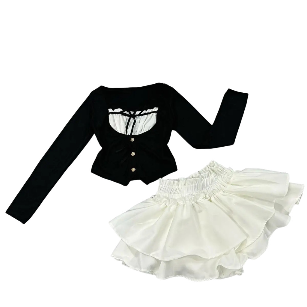 [ SB-150 ] Sét bộ 2 món áo babydoll thắt nơ phối chân váy lưng thun eo 58-75cm Free Size dưới 54kg hot top Kem Women