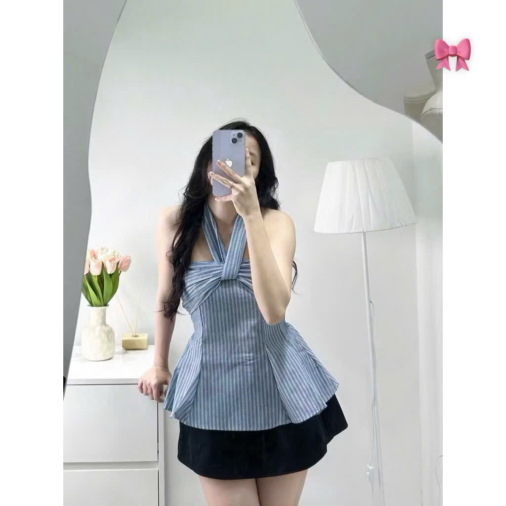 Áo Kiểu Cúp Ngực Cột Nơ Tay Phồng Rời Kẻ Sọc Kieupham.shopp
