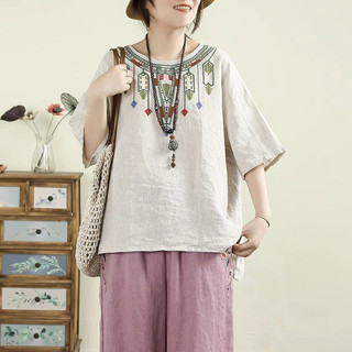 Váy Áo Retro Thêu, Vải Lanh Cotton, Cổ Tròn, Half Sleeve - Nữ