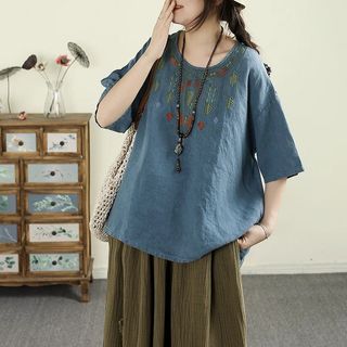 Váy Áo Retro Thêu, Vải Lanh Cotton, Cổ Tròn, Half Sleeve - Nữ