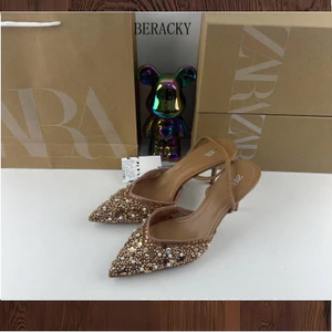 Giày nữ mùa hè ZAR chất lượng cao Giày nữ Apricot Đính cườm lưới kẻ sọc Slingback Mũi nhọn Stiletto Muller San