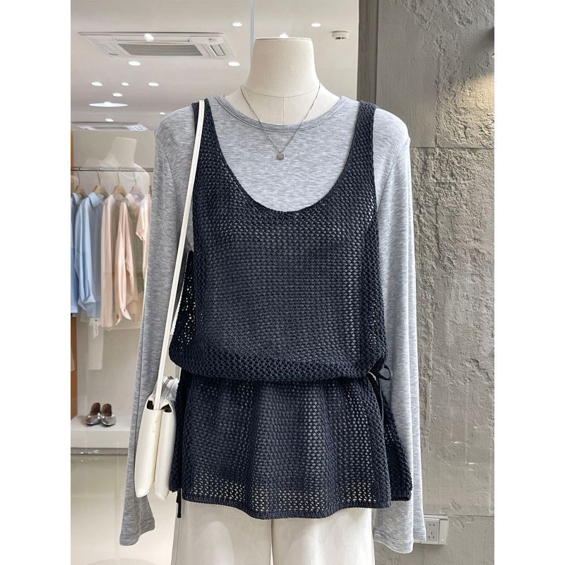 [Seckill có hạn trong thời gian] Phong cách Hàn Quốc Mùa hè mỏng hơn có thể xếp lớp eo hẹp Áo Vest dệt kim rỗng Váy Sling B