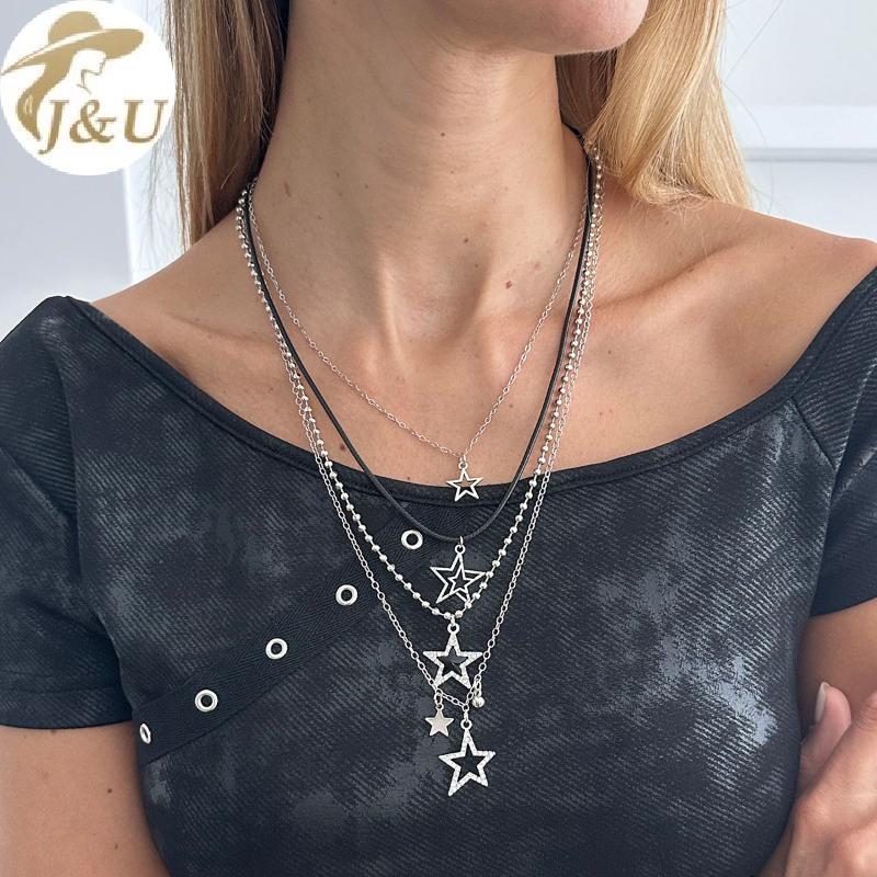 JU Y2K Thời Trang Bạc Lớp Nelace Kim Loại Pentagram Mặt Dây Chuyền Nhiều Dây Xích Cho Nữ Hợp Thời Trang Trang Trang Sức Quà Tặng VN