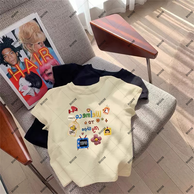 BOOM Áo Baby Tee Nữ Cotton Ôm Body-Áo Thun Ngắn Tay Y2K In Hình PhongCách Mùa Hè, Cổ Tròn Hàng Đầucách hàn quốc phongC39